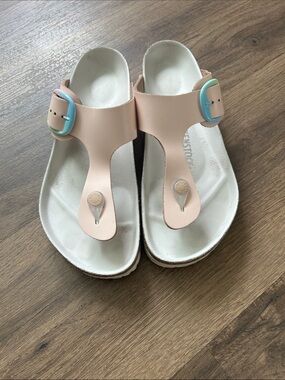 Birkenstock Pink Toe-Post Sandals with Blue Buckles
